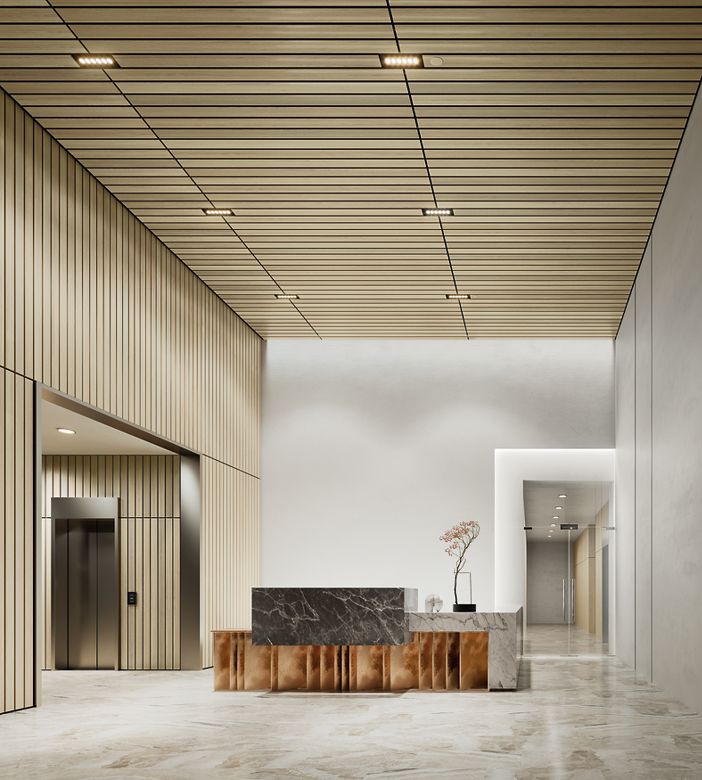 WOODWORKS Linear Solid Wood Panels Lobby Rendering