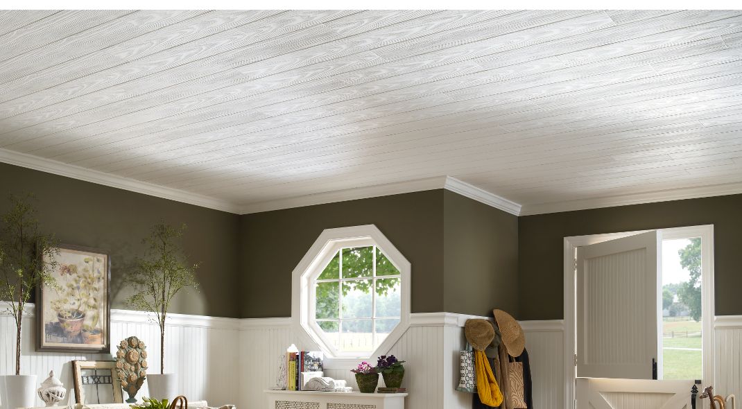 Armstrong Ceilings 48-in x 6-in Country Classic Plank 20-Pack White Faux Wood Surface-Mount Acoustic Plank Ceiling Tiles Armstrong Ceilings 48-in x 6-in Country Classic Plank 20-Pack White Faux Wood Surface-Mount Acoustic Plank Ceiling Tiles