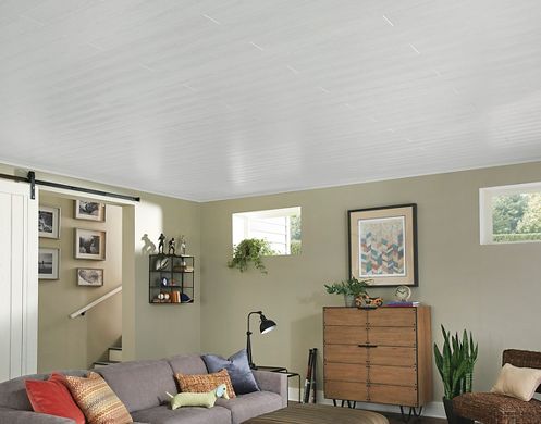 Basement with White Wood Look Ceiling
